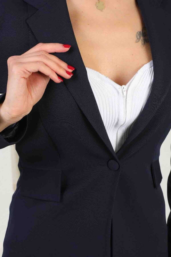 Navy Blue Women's Palazzo Blazer Suit Single Button Jacket Belted Trousers - 4