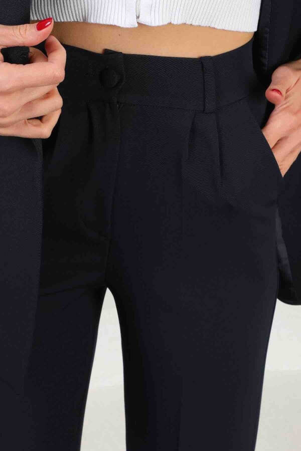 Navy Blue Women's Palazzo Blazer Suit Single Button Jacket Belted Trousers - 5