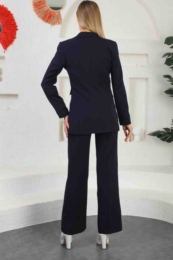 Navy Blue Women's Palazzo Blazer Suit Single Button Jacket Belted Trousers - 6