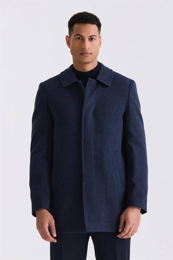 Navy Classic Fit Berber Collar Striped Wool Coat - 1