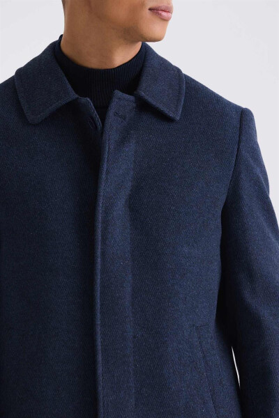 Navy Classic Fit Berber Collar Striped Wool Coat - 3