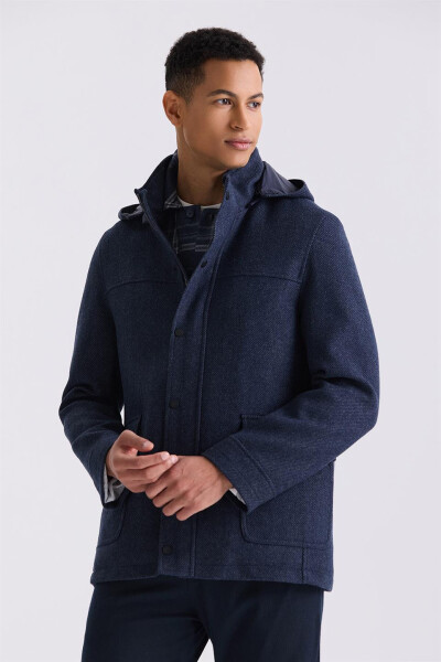 Navy Comfort Fit Single-Breasted Hooded Wool Sport Coat - 1