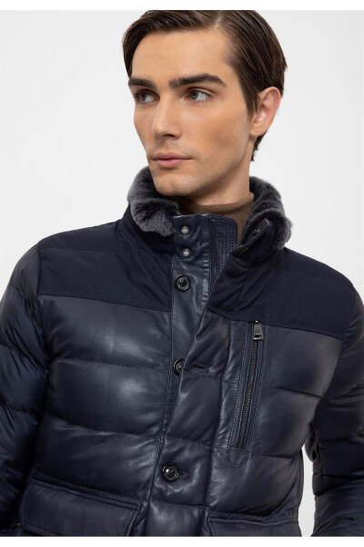 Navy Falcon Men's Genuine Leather Jacket with Insulated Body and Sleeves, Fur Collar - 9