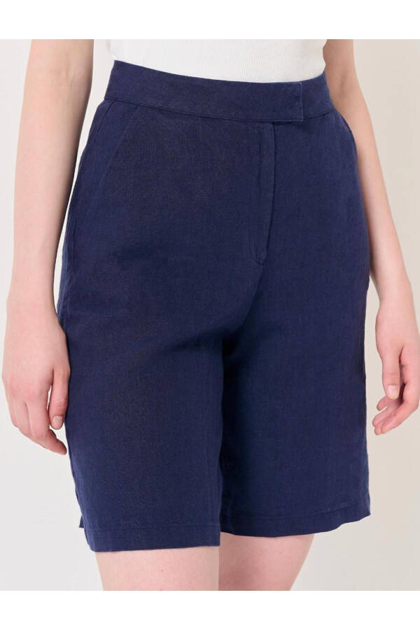 Navy High Waist Linen Shorts - 14