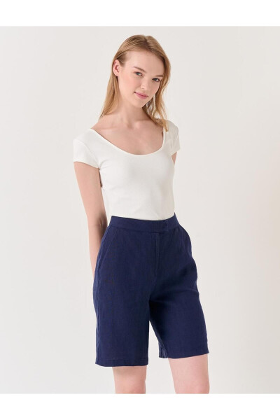 Navy High Waist Linen Shorts - 4