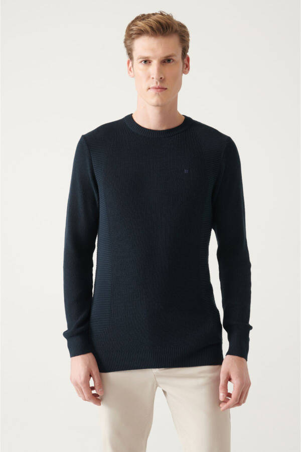 Navy Jacquard Slim Fit Knit Sweater - 1