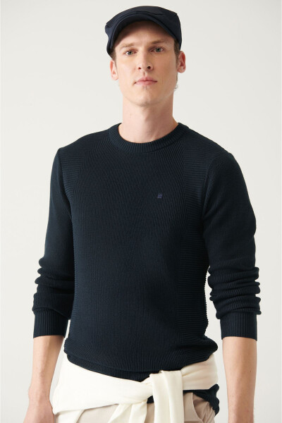 Navy Jacquard Slim Fit Knit Sweater - 3