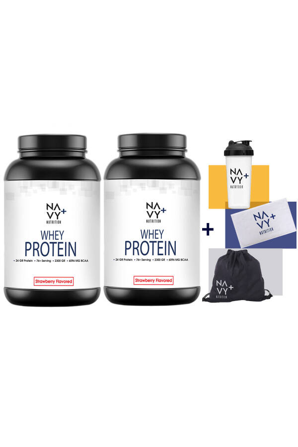 Navy Plus 2 Adet 2300 gr Whey Protein Tozu Çilek Aromalı Shaker Antrenman Havlusu Askılı Çanta - 1