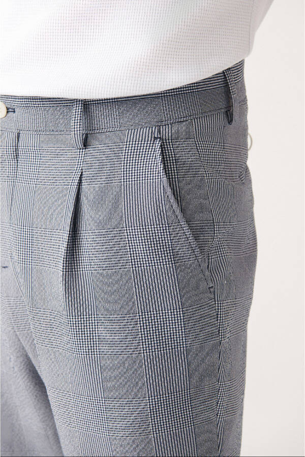 Navy Seersucker Plaid Textured Fabric Pleated Relaxed Fit Pants - 4