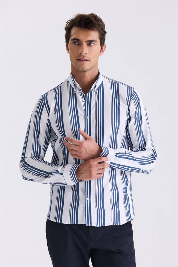 Navy Slim Fit Button-Down Striped Cotton Shirt - 1