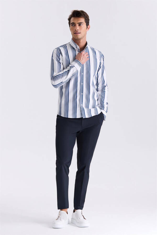 Navy Slim Fit Button-Down Striped Cotton Shirt - 2