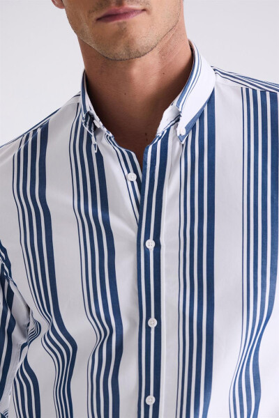 Navy Slim Fit Button-Down Striped Cotton Shirt - 3