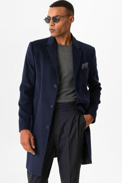 Navy Slim Fit Jacket Collar Men's Coat - 1