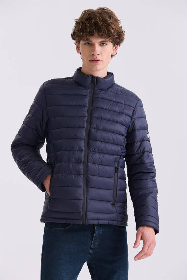 Navy Slim Fit Mandarin Collar Puffer Jacket - 5