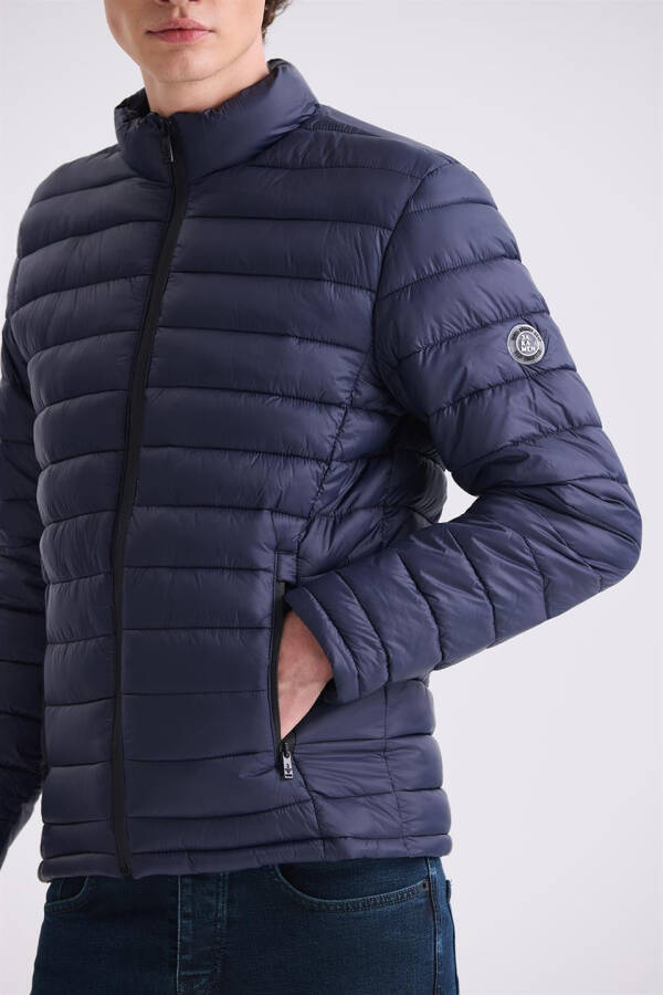 Navy Slim Fit Mandarin Collar Puffer Jacket - 7