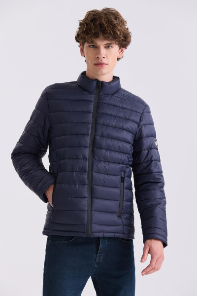 Navy Slim Fit Mandarin Collar Puffer Jacket - 1