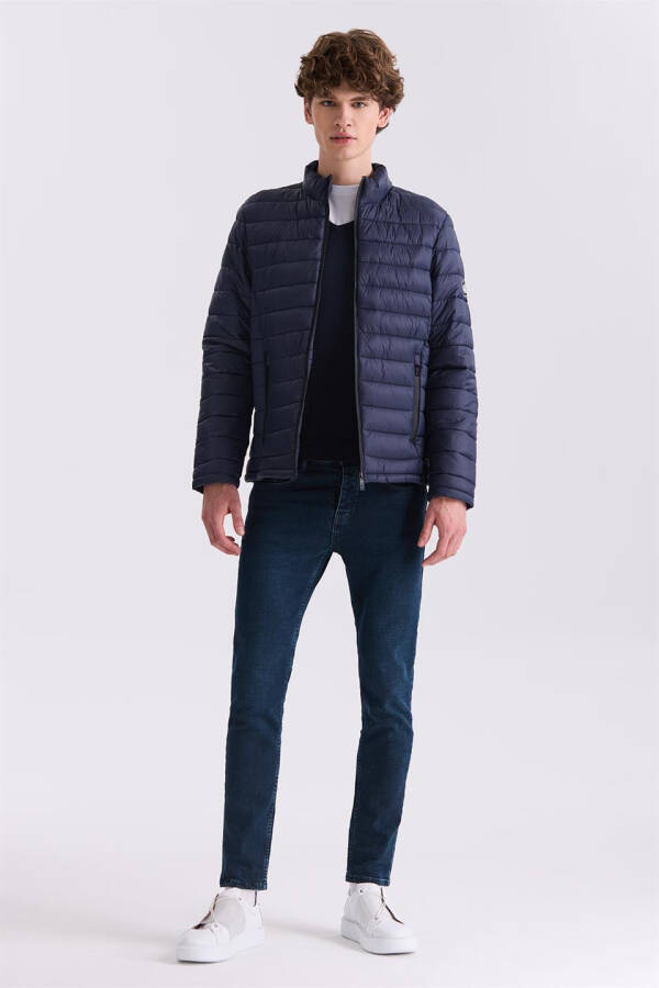 Navy Slim Fit Mandarin Collar Puffer Jacket - 2