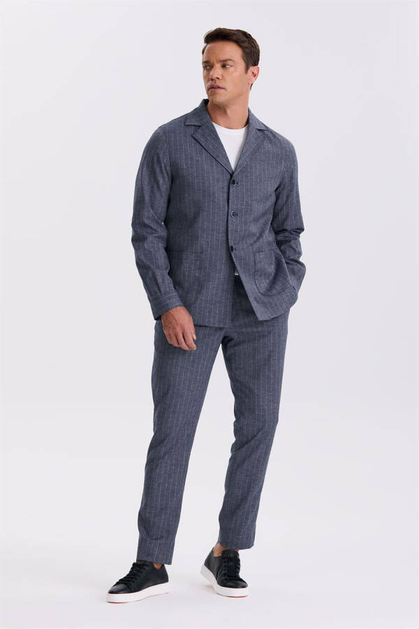 Navy Slim Fit Notch Lapel Linen Blend Double Vent Striped Suit - 1