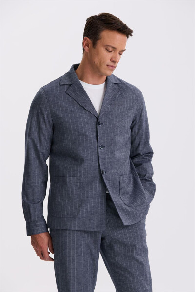 Navy Slim Fit Notch Lapel Linen Blend Double Vent Striped Suit - 2