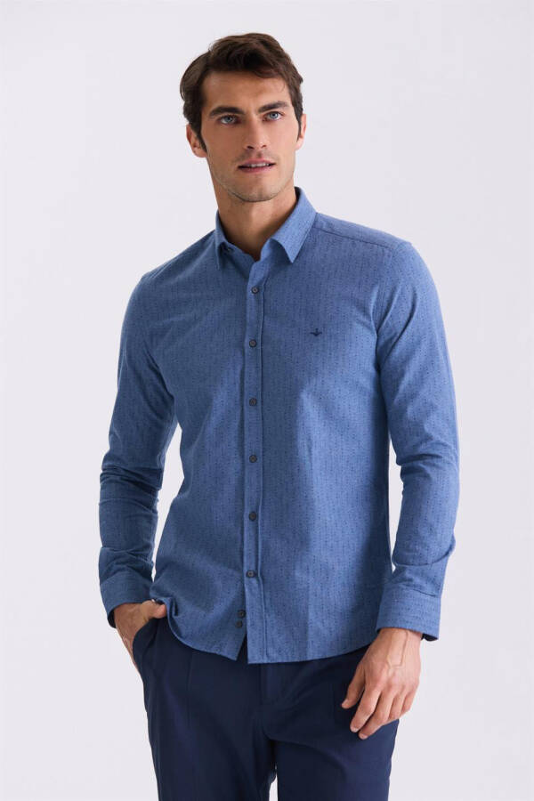 Navy Slim Fit Patterned 100% Cotton Shirt - 1