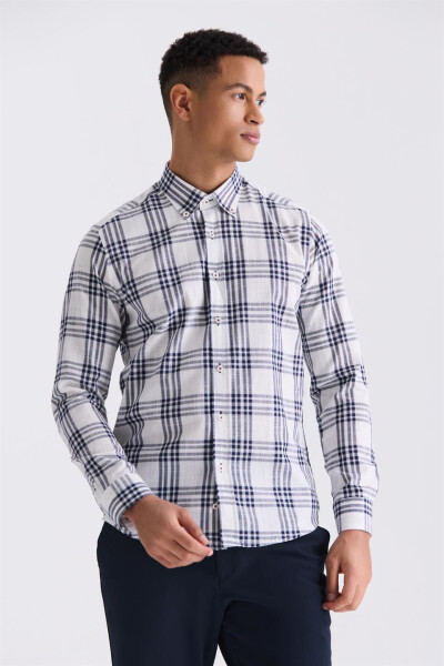 Navy Slim Fit Plaid 100% Cotton Shirt - 5