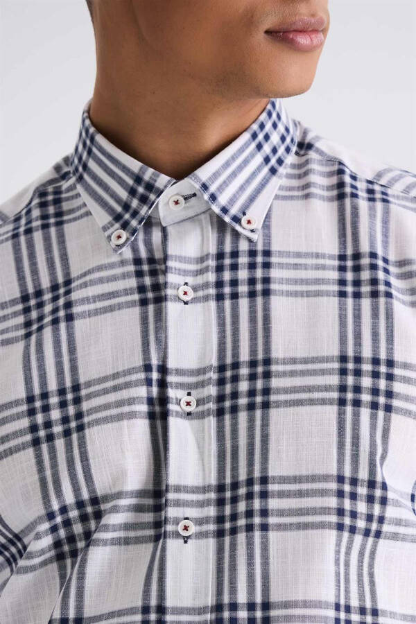 Navy Slim Fit Plaid 100% Cotton Shirt - 7