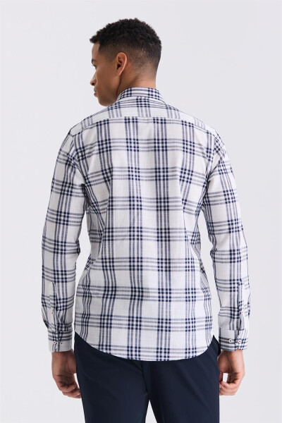 Navy Slim Fit Plaid 100% Cotton Shirt - 8