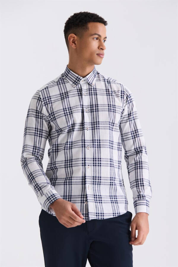 Navy Slim Fit Plaid 100% Cotton Shirt - 1