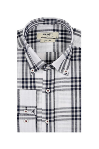 Navy Slim Fit Plaid 100% Cotton Shirt - 9