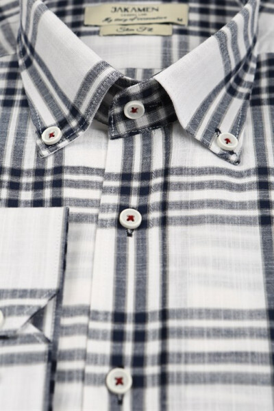 Navy Slim Fit Plaid 100% Cotton Shirt - 10