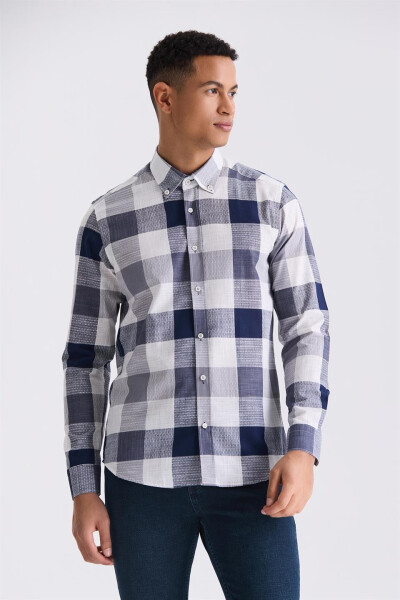 Navy Slim Fit Plaid 100% Cotton Shirt - 5