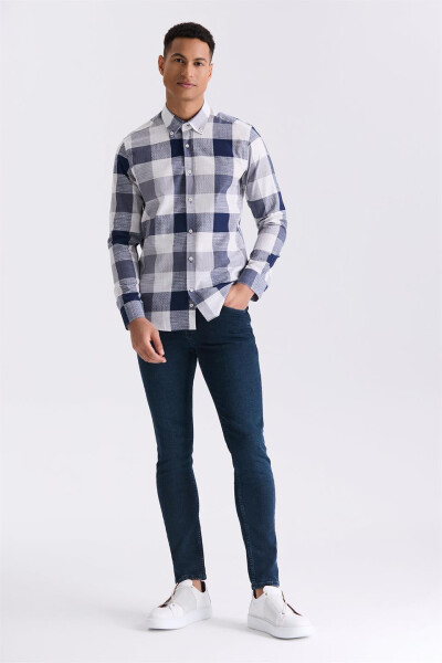 Navy Slim Fit Plaid 100% Cotton Shirt - 6