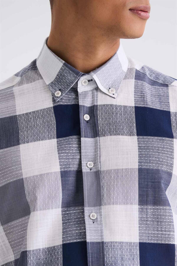 Navy Slim Fit Plaid 100% Cotton Shirt - 7