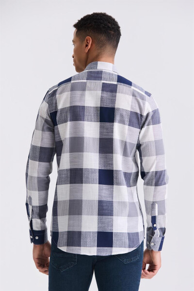 Navy Slim Fit Plaid 100% Cotton Shirt - 8