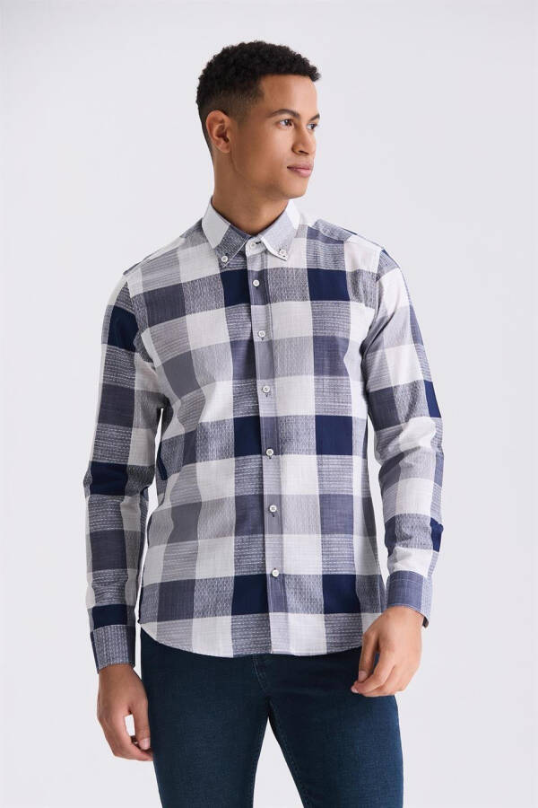 Navy Slim Fit Plaid 100% Cotton Shirt - 1