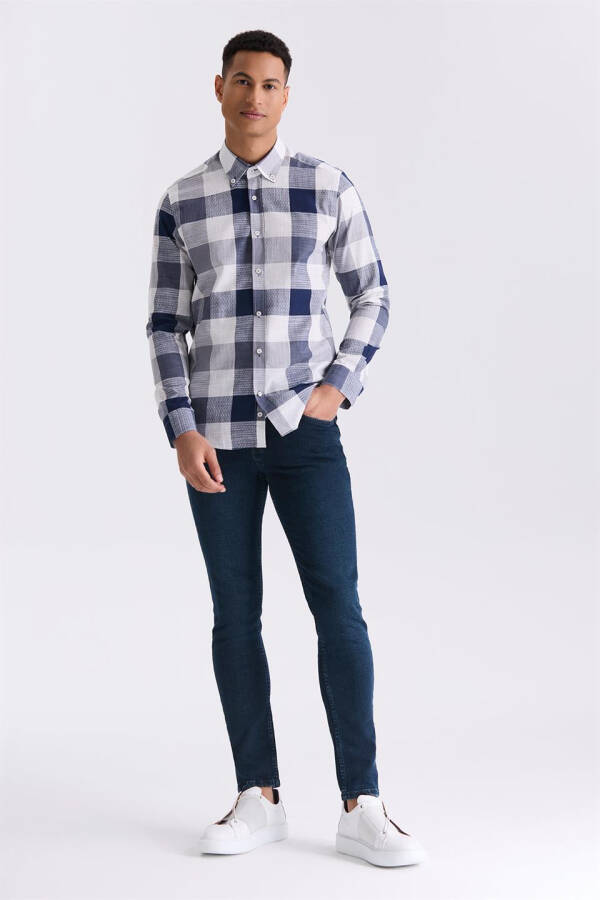 Navy Slim Fit Plaid 100% Cotton Shirt - 2