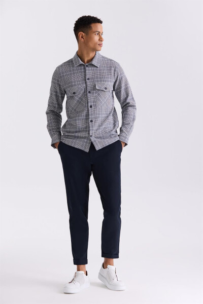 Navy Slim Fit Plaid Cotton Shirt - 6