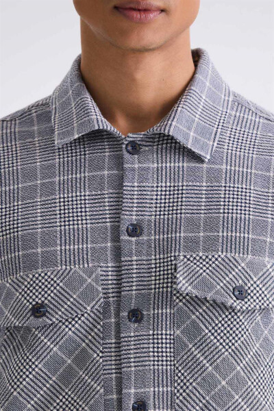 Navy Slim Fit Plaid Cotton Shirt - 7