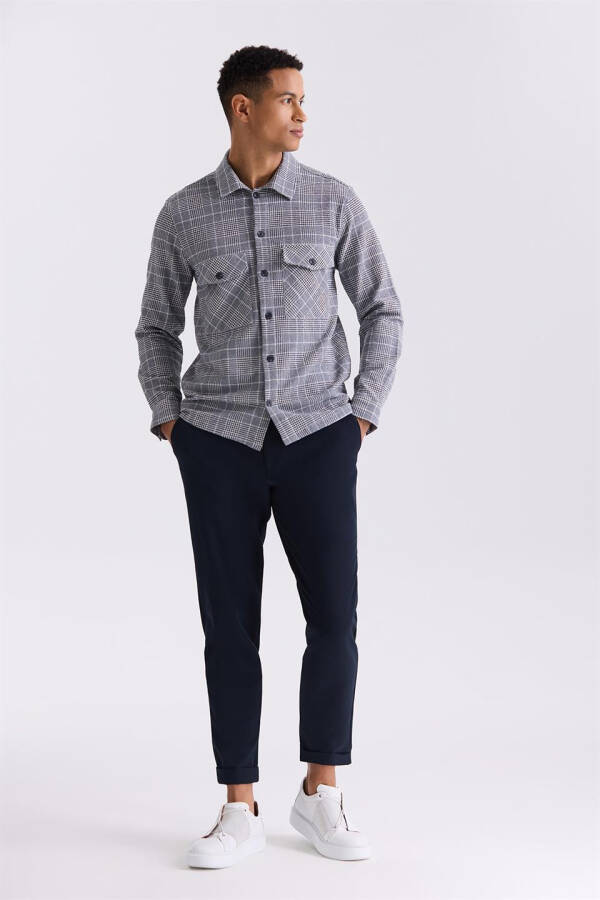 Navy Slim Fit Plaid Cotton Shirt - 2