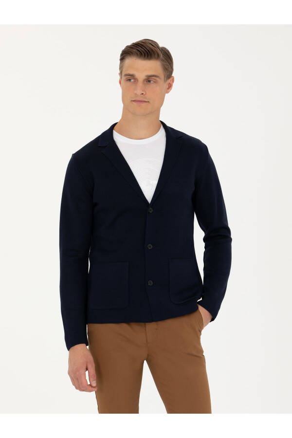 Navy Slim Fit V-Neck Knit Cardigan - 1