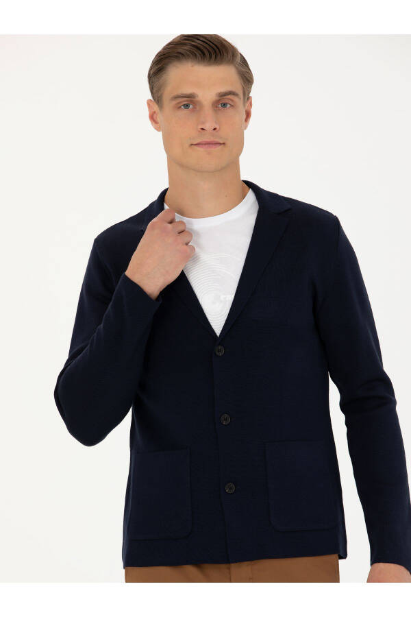 Navy Slim Fit V-Neck Knit Cardigan - 3