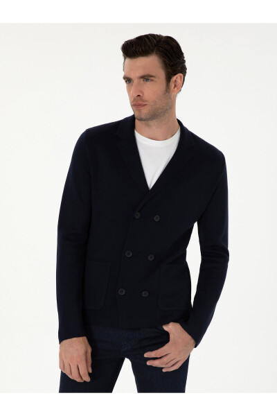 Navy Slim Fit Wool Blend Wrap Cardigan - 1