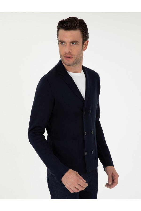 Navy Slim Fit Wool Blend Wrap Cardigan - 3