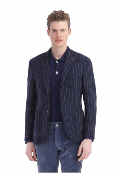 Navy Striped Shirt Shoulder Slim Fit Wool Blend Knit Blazer - 1