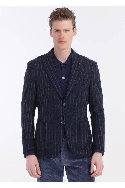 Navy Striped Shirt Shoulder Slim Fit Wool Blend Knit Blazer - 3