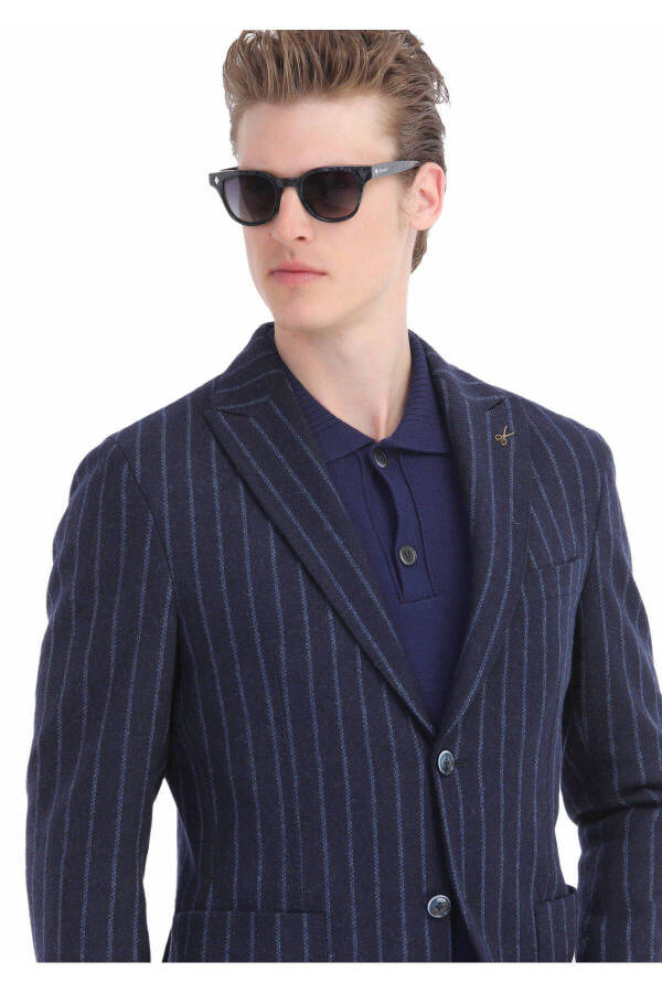 Navy Striped Shirt Shoulder Slim Fit Wool Blend Knit Blazer - 4