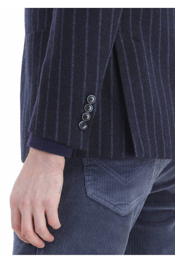 Navy Striped Shirt Shoulder Slim Fit Wool Blend Knit Blazer - 5