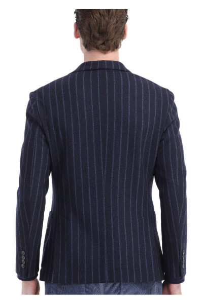 Navy Striped Shirt Shoulder Slim Fit Wool Blend Knit Blazer - 6