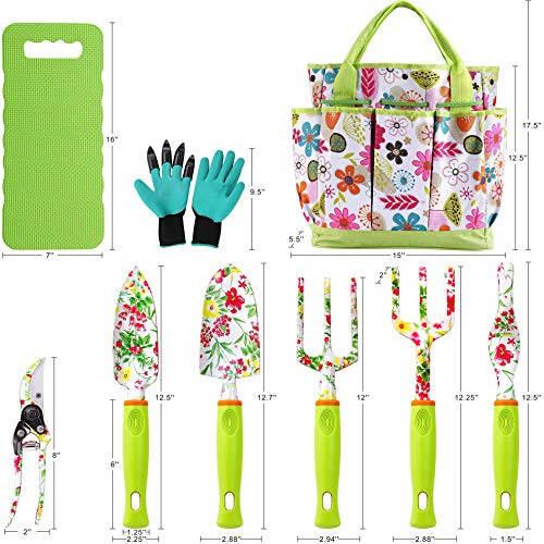 NAYE Garden Tool Set, Cute Gardening Gifts for Women, Birthday Gifts for Mom, Heavy Duty Tool Kit with Gloves, Garden Tote, Kneeling Pad, Hand Pruner, Trowel, Hand Rake, Weeder, Fork, Transplanter, Multicolor - 3