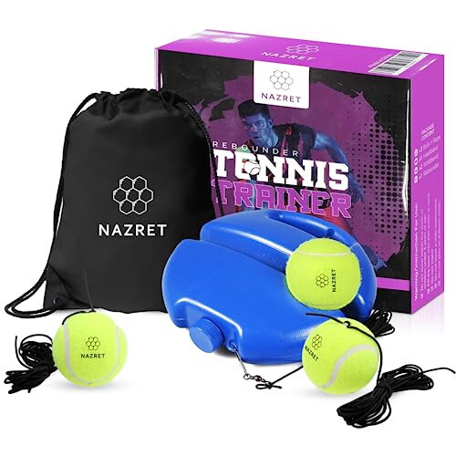 NAZRET Tennis Trainer Rebounder Set – Solo Tennis Trainer Practice Equipment with a Headband, Wristbands, Drawstring Bag, 3Balls, 3Ropes & 1 Base – Solo Tennis Trainer - 1